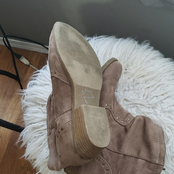 Taupe Suede Heeled Boots with Fringe Detail - Picture 3 of 4